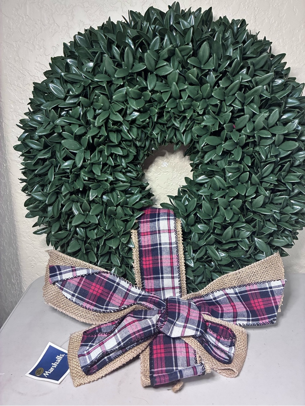 Marshalls Green Boxwood Wreath with Red and Navy Plaid Burlap Bow
